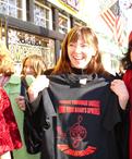 Dr. Karen Gardias, Davis High Choir director, with the t-shirt designed by Rozalina Gutman, supporting the cause for music education for all in the State of CA